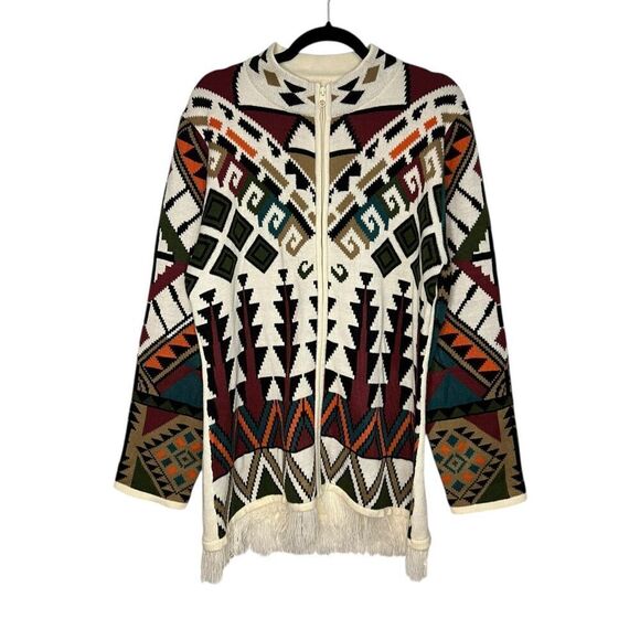 Collections Etc Women’s Large Southwest Zip Front & Fringe Hem Cardigan Sweater - Picture 2 of 7